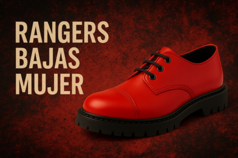bota roja de cuero tipo Oxford con suela gruesa negra, sobre fondo rojo oscuro, texto “RANGERS BAJAS MUJER” a la izquierda