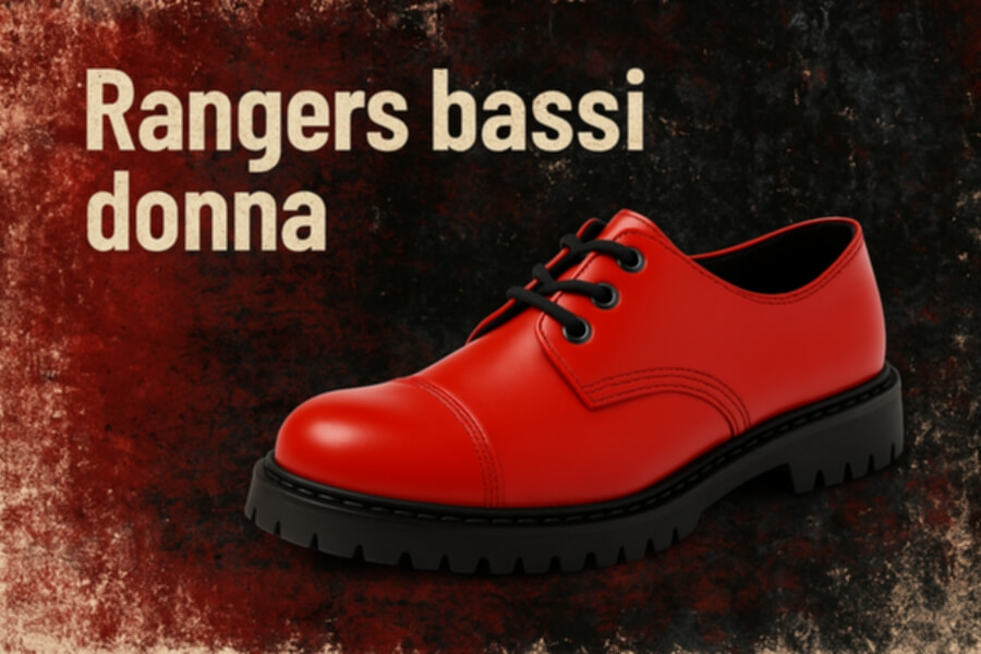 Stivaletto rosso in pelle con suola nera spessa, lacci neri, sfondo testurizzato; testo “Rangers bassi donna” sul lato sinistro.
