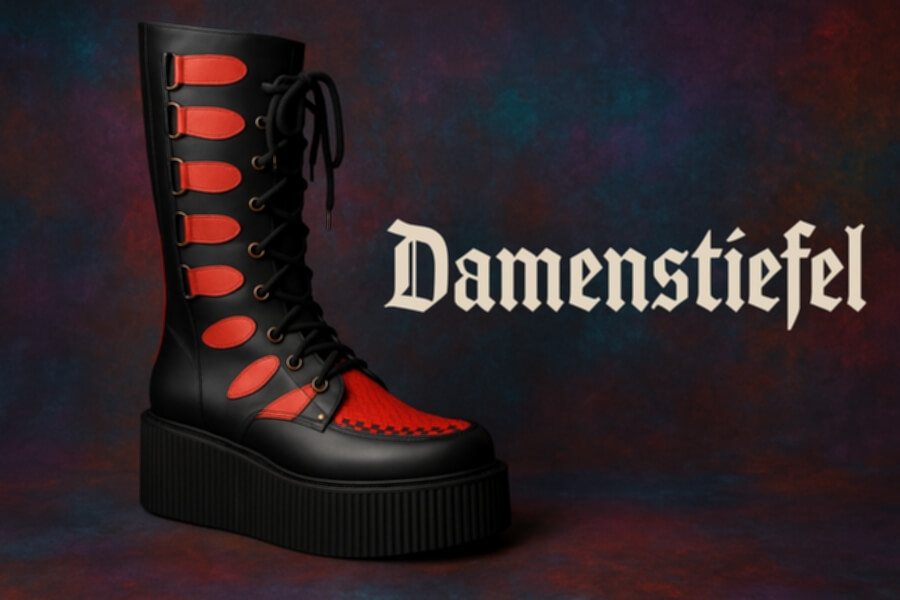 Damen-Stiefel im Punk-Stil: schwarzer Lederstiefel mit roten Schnitteinsätzen, dicker Plateausohle, Lace-Up-Details und markanter Gothic-Schriftzug „Damenstiefel“ im Hintergrund.
