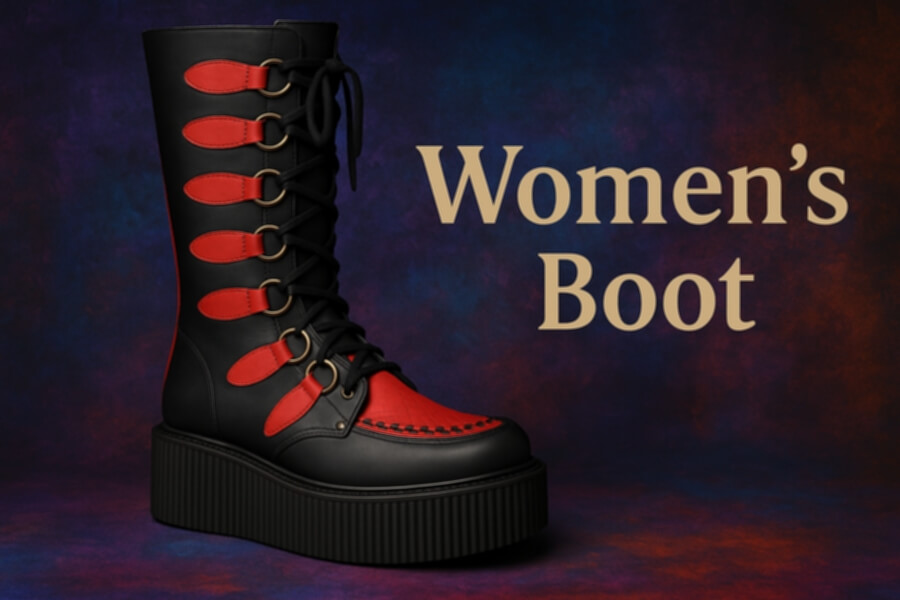 Black knee-high lace-up boot with red accents and a thick platform sole, set against a dark, colorful background with “Women’s Boot” text.