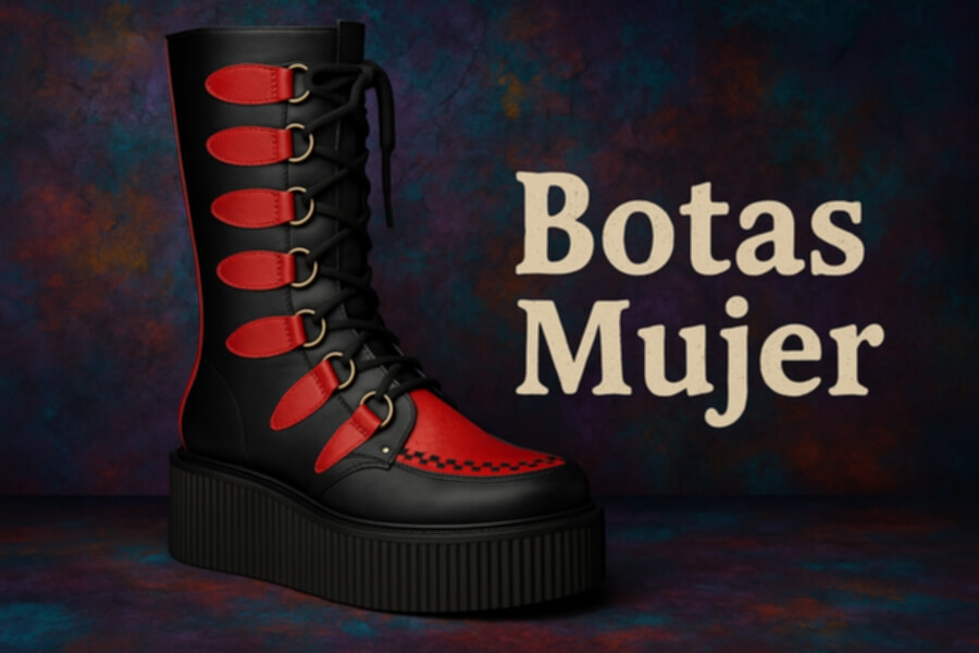 Bota negra con cordones rojos y suela gruesa, estilo gótico, junto al texto “Botas Mujer” en fondo multicolor.