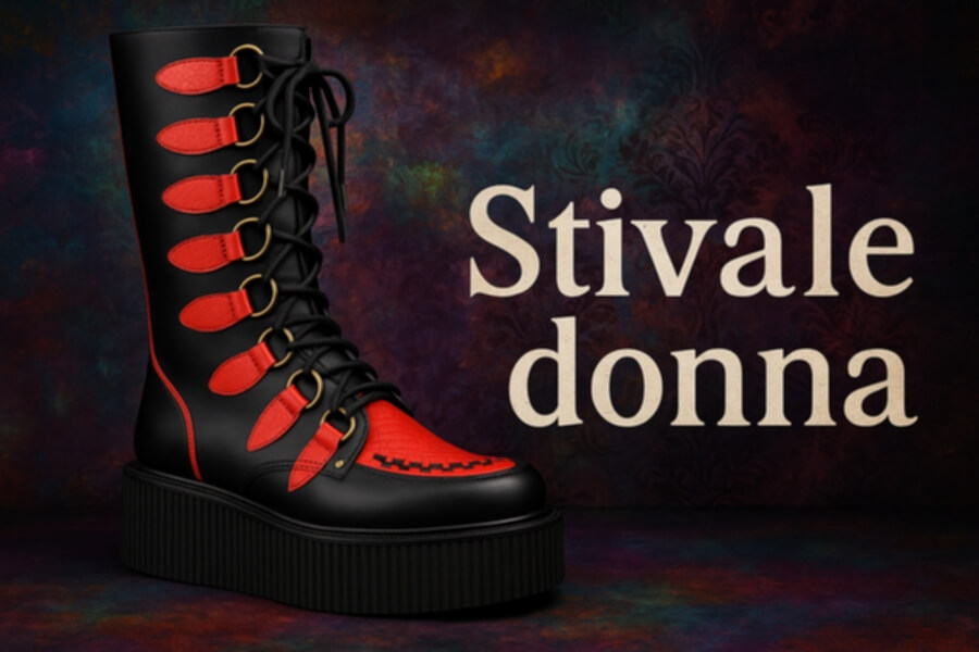 Stivale nero in stile goth conis red dettagli e suola platform, testo “Stivale donna” sullo sfondo poetico.