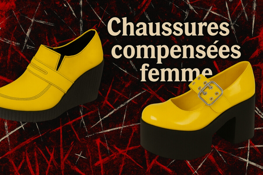 Chaussures compensées jaunes pour femme, sandales à plateforme épaisse et mule à talon noir sur fond texturé rouge et noir avec texte Chaussures compensées femme.