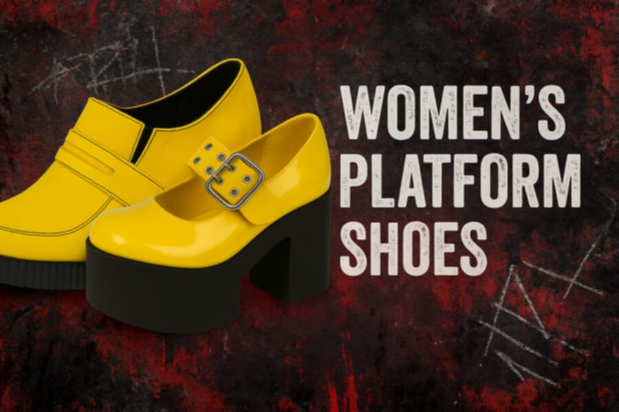 Yellow platform wedge shoes with buckled strap, chunky black heels, against a dark red textured background with “WOMEN'S PLATFORM SHOES” text.