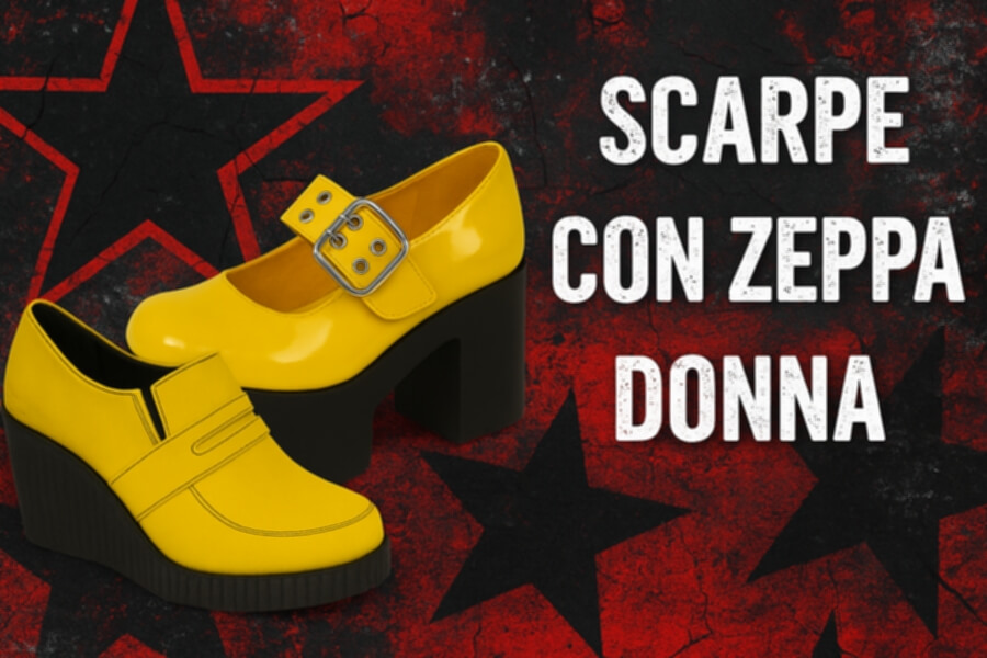 Scarpe gialle con zeppa alta e plateau nere su sfondo rosso con stelle, testo Scarp e Donna sul lato.