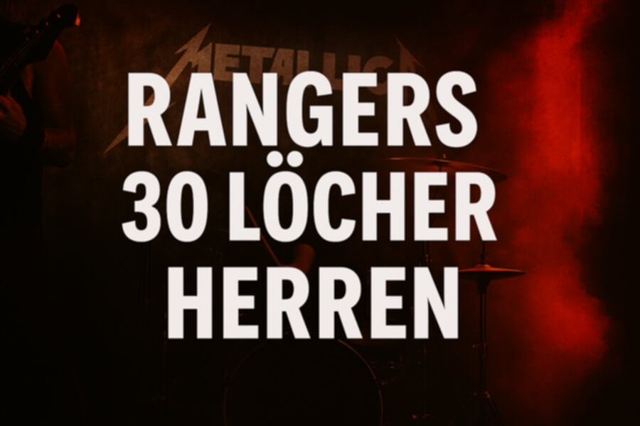 Riesen-Text Werbung: "RANGERS 30 LÖCHER HERREN" vor dunklem Konzertsetup mit rotem Licht und Schlagzeug im Hintergrund.