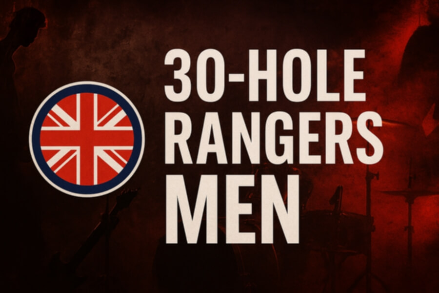 Logo-style image with a Union Jack badge and bold text reading “30-HOLE RANGERS MEN” on a dark red background with drum set silhouettes.