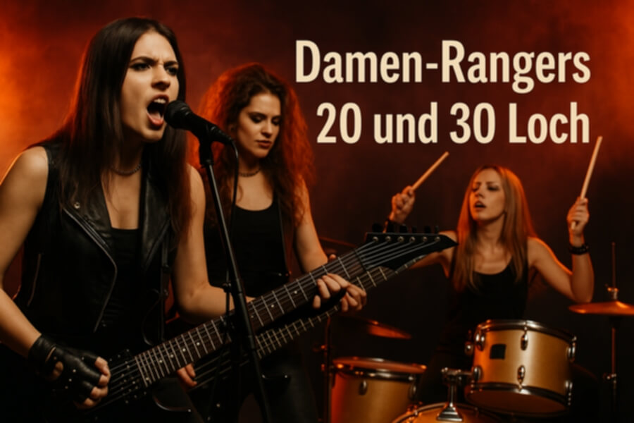 Damen-Rangers performen lautstark auf Bühne: Gitarristin vorn, zweites Mitglied singt; Schlagzeugerinnen hinter ihnen, rotes Bühnenlicht, Schrift „Damen-Rangers 20 und 30 Loch“ im Hintergrund.