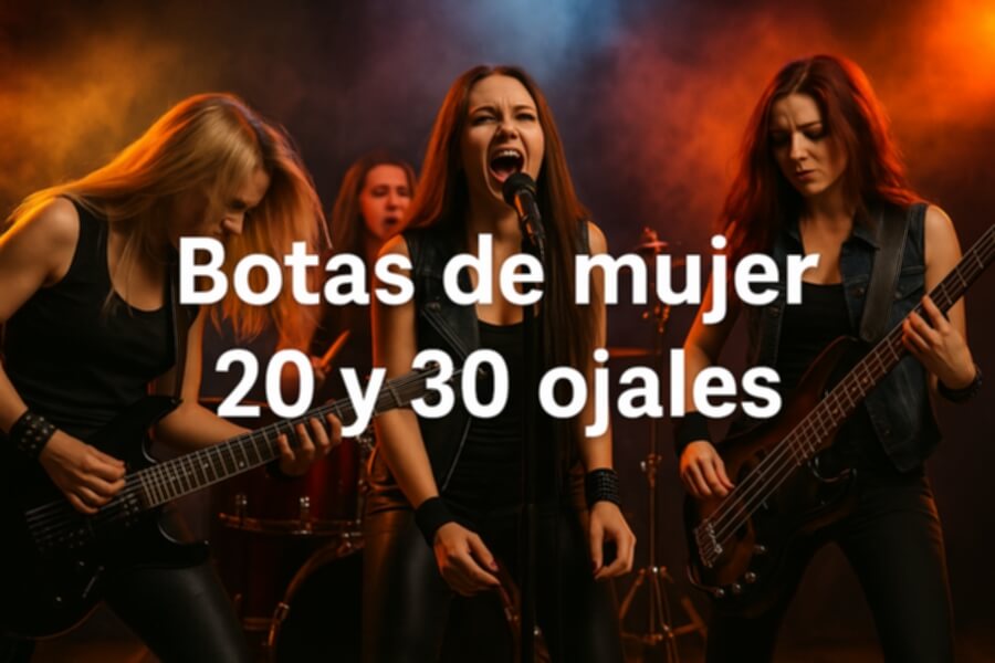 Grupo de mujeres tocando en una banda de rock en vivo, con una voz principal al micrófono; ambiente oscuro y luces naranjas. Botas de cuero y prendas negras destacan.