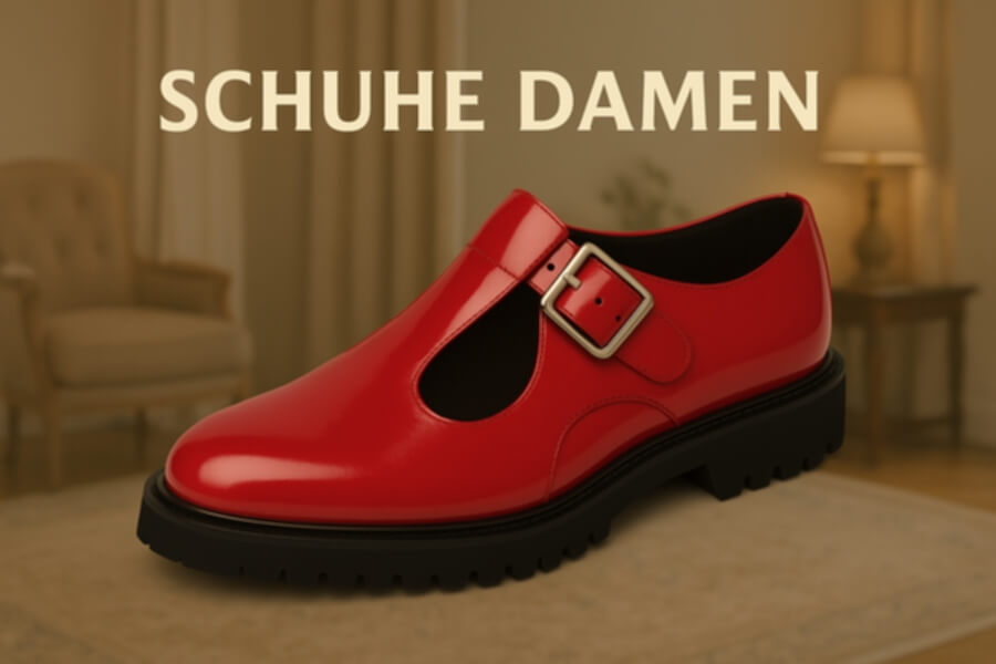 Rote Lederschuhe mit Schnalle und schwarzer dicker Sohle auf Tisch, Hintergrund Wohnzimmer; Text „SCHUHE DAMEN“ oben.