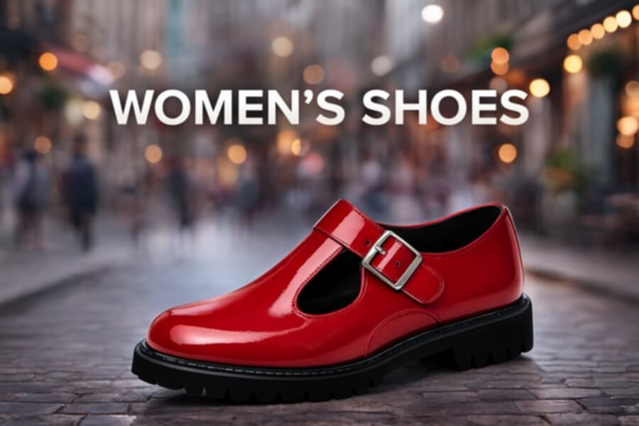 Red patent Mary Jane shoe with a buckle on a chunky black sole, set on a city street with “WOMEN’S SHOES” text above.