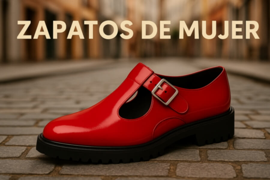 Zapato mujer rojo brillante tipo Oxford con hebilla, suela gruesa negra, sobre adoquines; fondo urbano desenfocado.