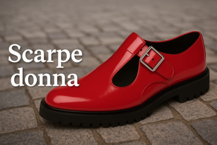 Scarpa Mary Jane rossa in vernice con cinturino e fibbia, sughero in suola nera spessa.