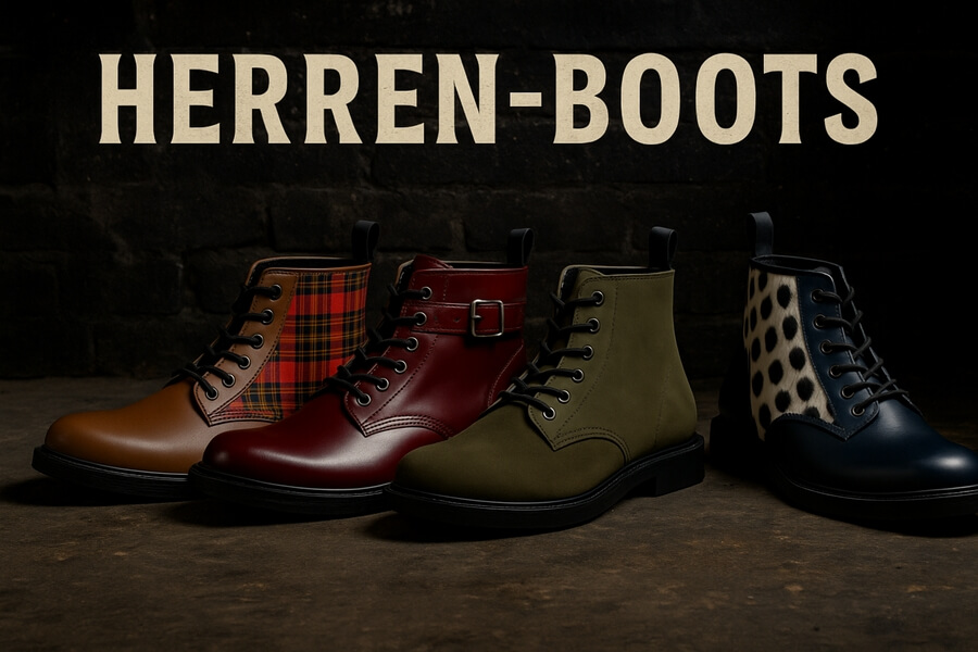 Verschiedene Herren-Lederstiefel in Braun, Rot, Olivgrün und Navy mit unterschiedlichen Musterhälsen vor dunklem Hintergrund, Schriftzug HERREN-BOOTS.