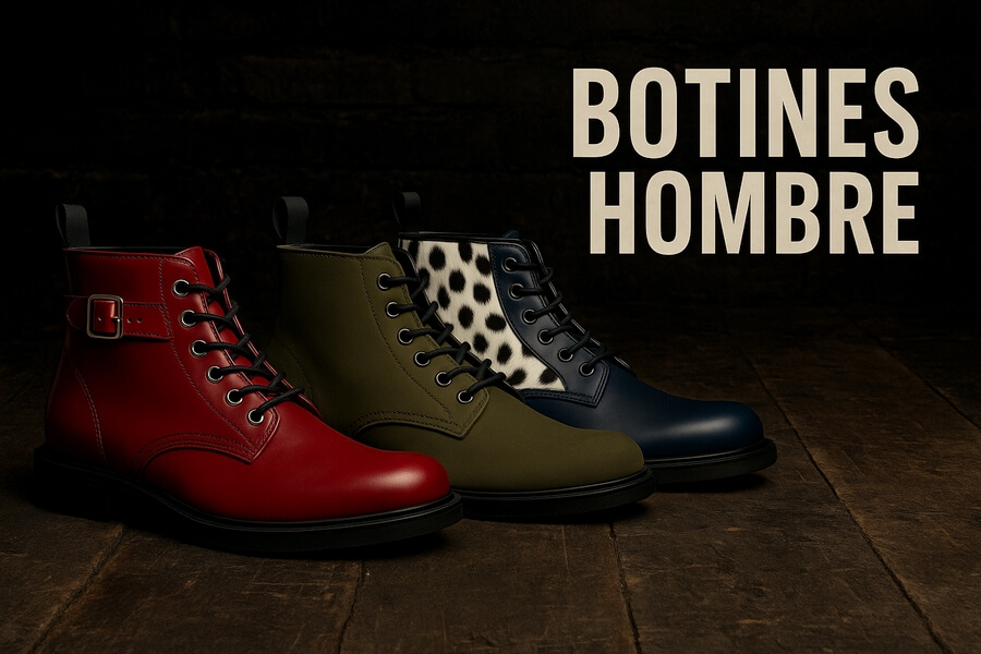 Botas y botines de cuero vintage para hombre en rojo, verde caqui y azul con suela gruesa, conjunto en fondo oscuro.