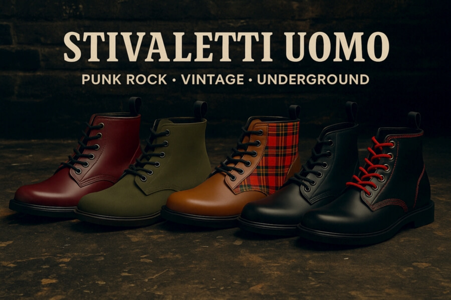 Stivaletti stile pugilato in vari colori: rosso, verde, cuoio, tartan, nero, su sfondo scuro con testo “Stivaletti Uomo”