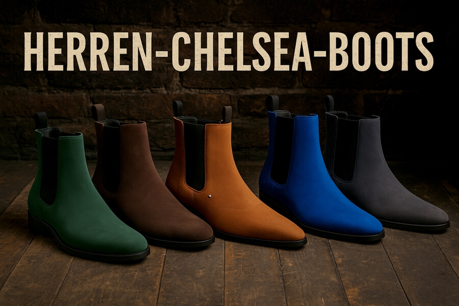 Herren Chelsea Boots in Grün, Braun, Hellbraun, Blau und Dunkelgrau aus Leder, dekorativ auf Holzboden vor dunklem Backdrop.