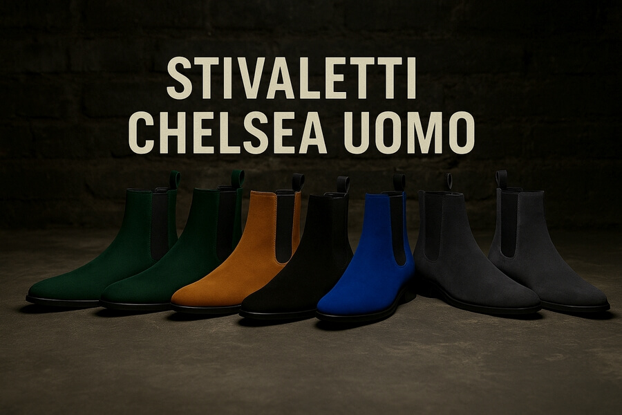 Stivali Chelsea uomo artigianali in vari colori allineati, sfondo scuro, testo “Stivali chelsea uomo” in alto.
