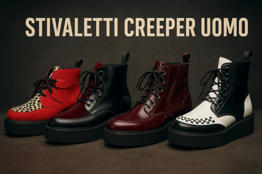Quattro stivaletti creeper artigianali in colori diversi: leopardato, rosso, nero e panna con motivi a scacchi, suola spessa, testo “Stivali Creeper Uomo” sullo sfondo.