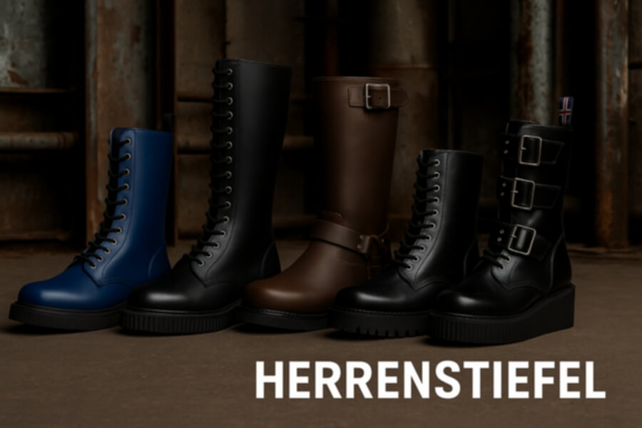 Verschiedene Rockige Nubukleder-Stiefel in Blau, Schwarz, Braun und Schwarz mit Schnürung, seitlich präsentiert.