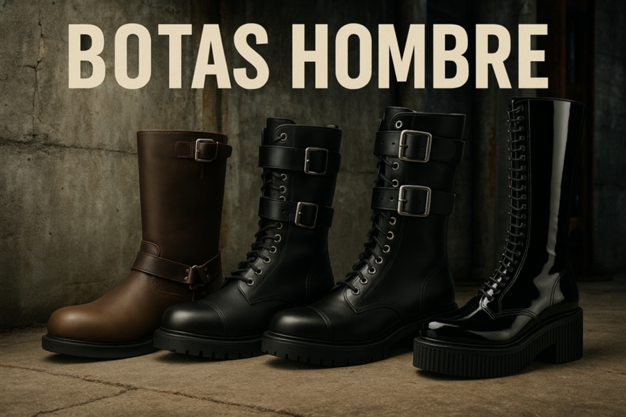 Botas de hombre en cuero y negro: tres modelos de combate y una bota alta de charol junto a un fondo urbano.