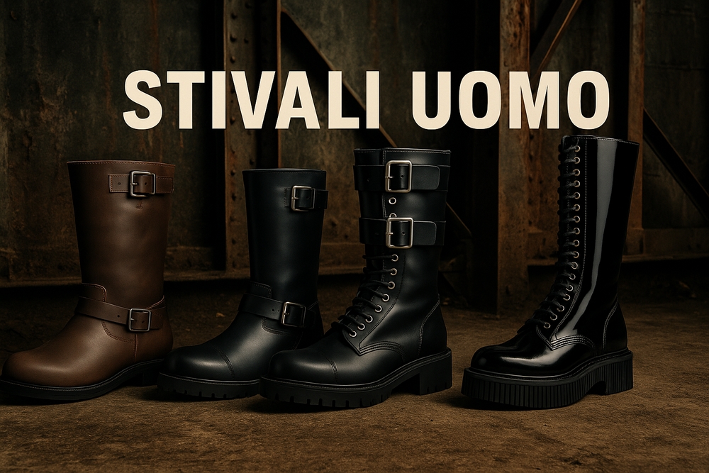 Stivali goth in pelle con plateau e fibbie: quattro modelli color marrone, nero opaco e patinato lucido esposti a terra.