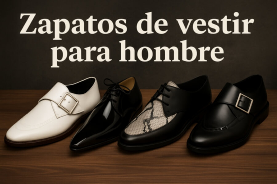Cuatro zapatos formales para hombre en cuero: blanco con hebilla, negro liso, negro con puntera de serpiente y negro con correa-vero.