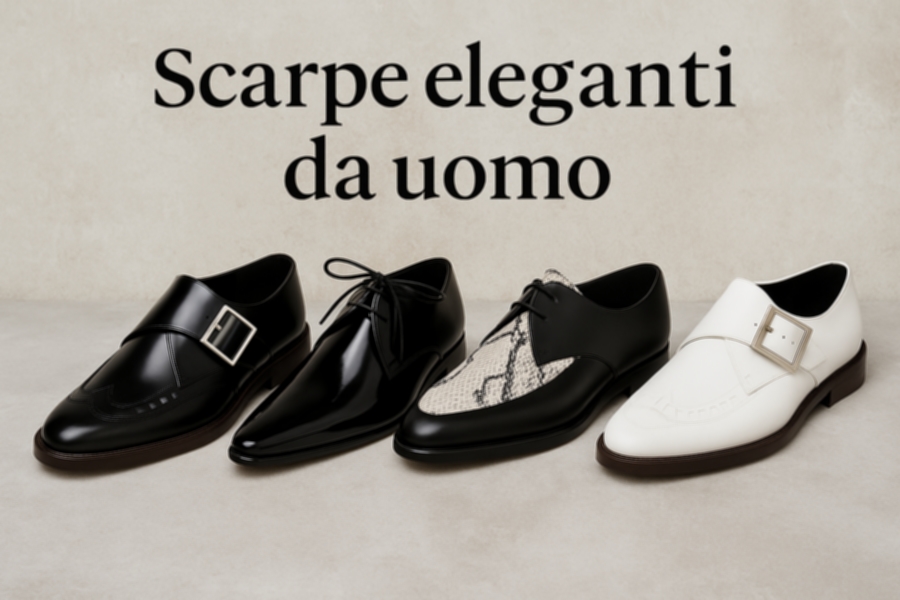 Scarpe eleganti da uomo nere e bianche con fibbie, posate in fila su sfondo neutro, tra cui modello con stampa rettile.
