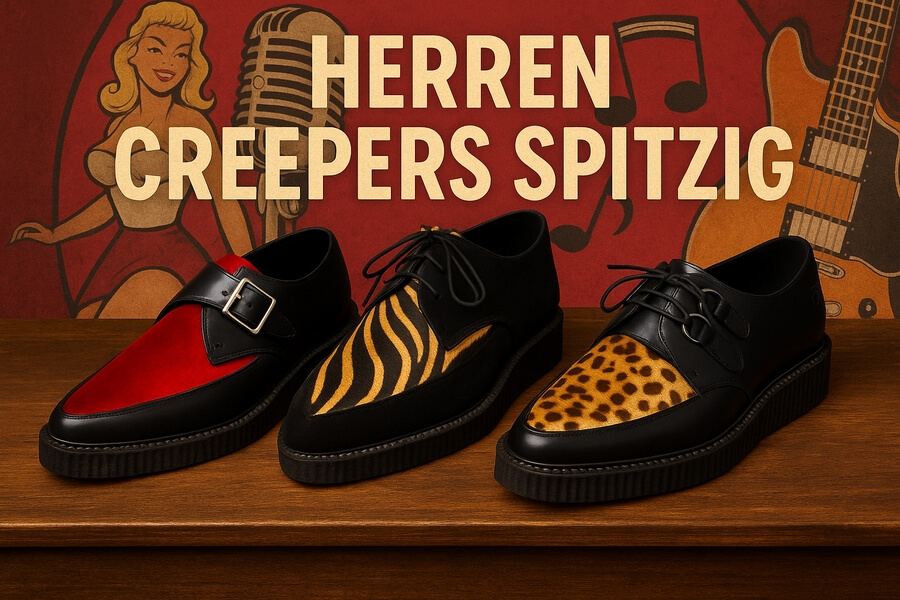 Drei spitze Kaschierte Herrenschuhe mit Tiermuster-Design (rot, Zebra/Leopard, gepunktet) auf Holzregal vor rotem Hintergrund mit Text.