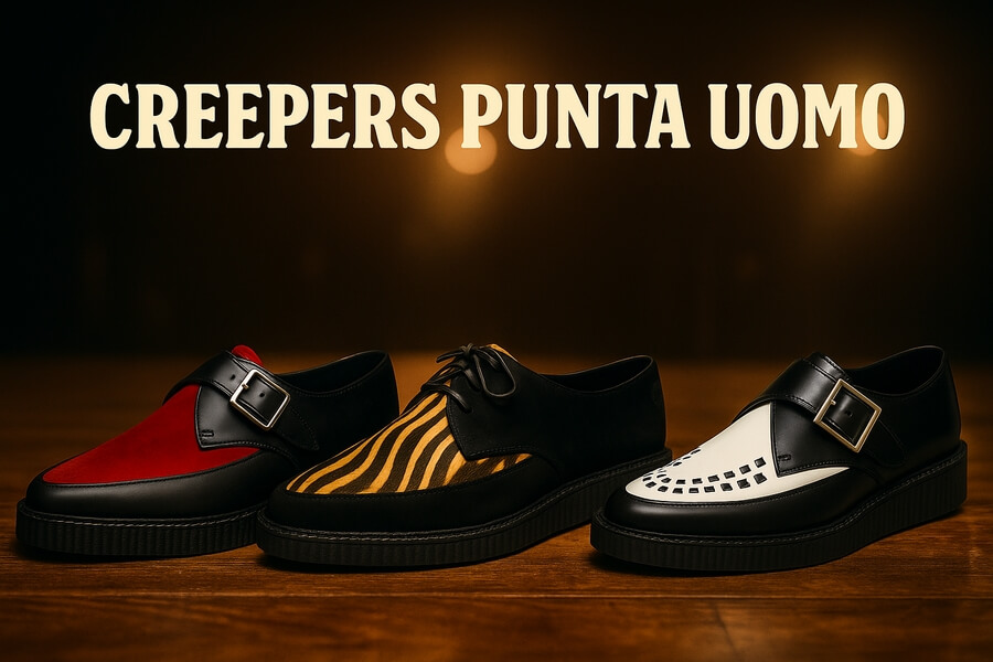 Ciabatte oxford da uomo stile punk in pelle con design a tinta unita rossa, zebra e bianca sui cinturini, su sfondo scuro.
