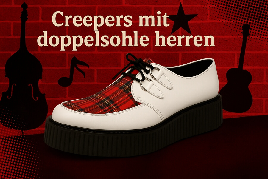 Plateau-Schuhe mit weißem Oberteil und rotem Karo-Einsatz, doppelter Platform-Sohle, sommerlicher Rock-abilde Hintergrund mit Text Creepers mit doppelsohle herren.