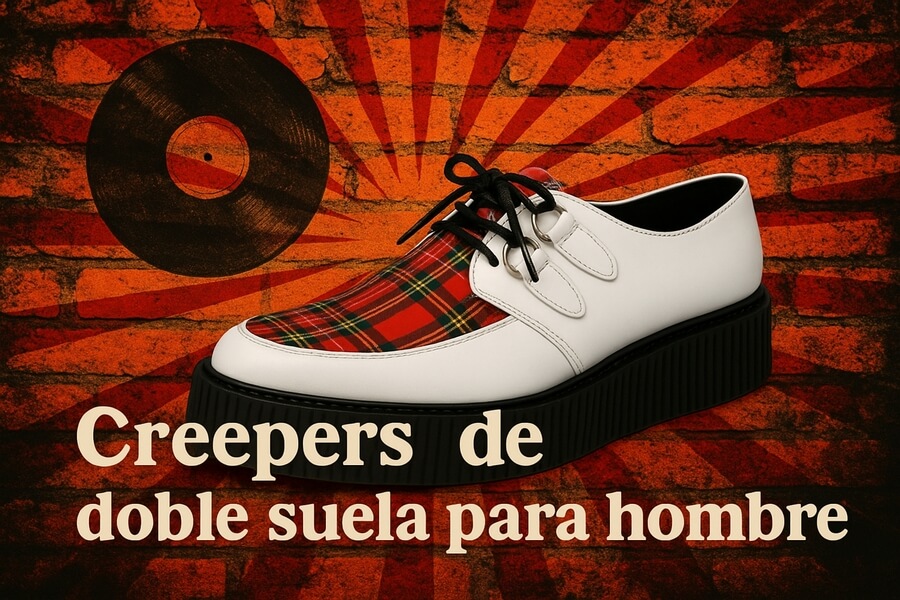 Zapato tipo creeper de suela gruesa negra con empeine blanco y paneles de tartán rojo; fondo gráfico rojo con vinilo y texto “Creepers de doble suela para hombre”