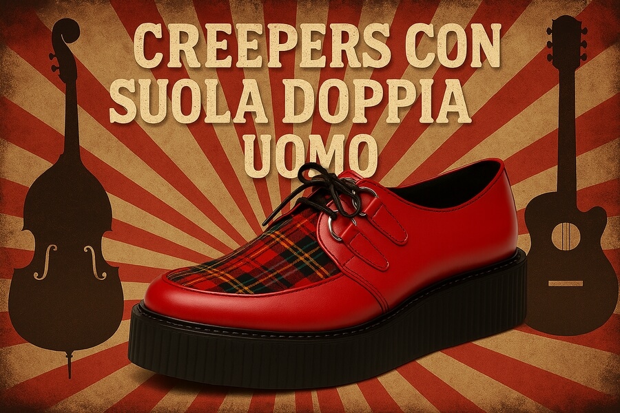 Scarpa creeper bianca e nera? No, è una sneaker con suola a piattaforma nera e tomaia rossa con motivo tartan. Background vintage con chitarre silhouette e testo promozionale Creepers con suola doppia uomo.