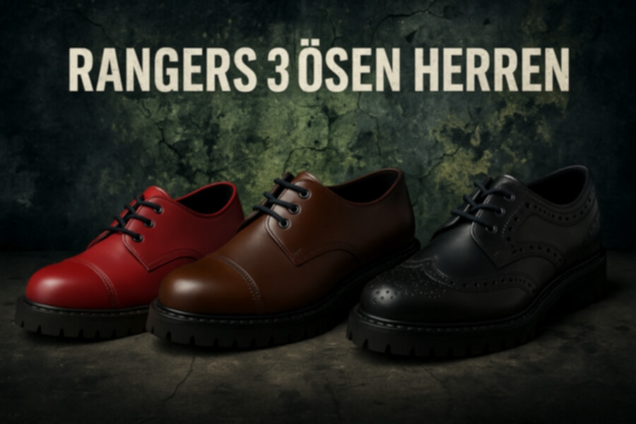 Damen/Herren Ranger 3 Ösen Stiefel in Rot, Braun und Schwarz vor dunklem Hintergrund; robuste Schnürstiefel mit dicken Sohlen.