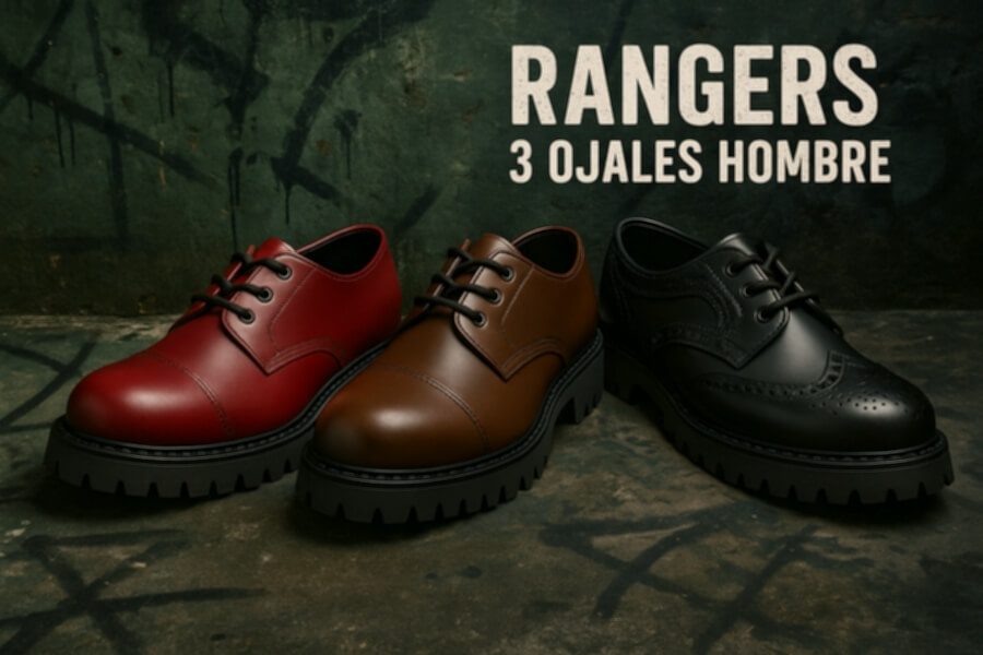 Botas tipo roper de cuero en rojo, castaño y negro con suela gruesa y cordones, en primer plano.