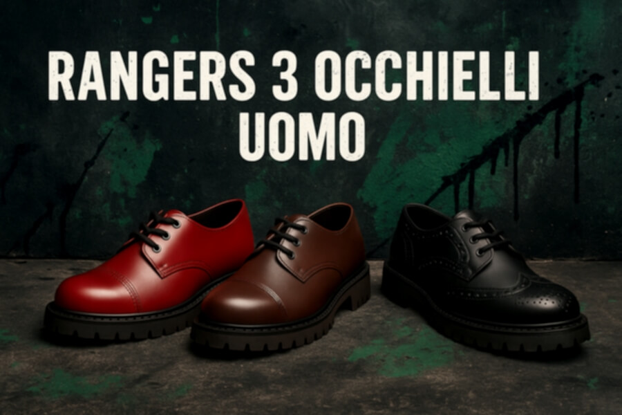 Scarpe militari uomo con tre fori e punta in acciaio disponibili in rosso, marrone e nero, su sfondo verde scuro.