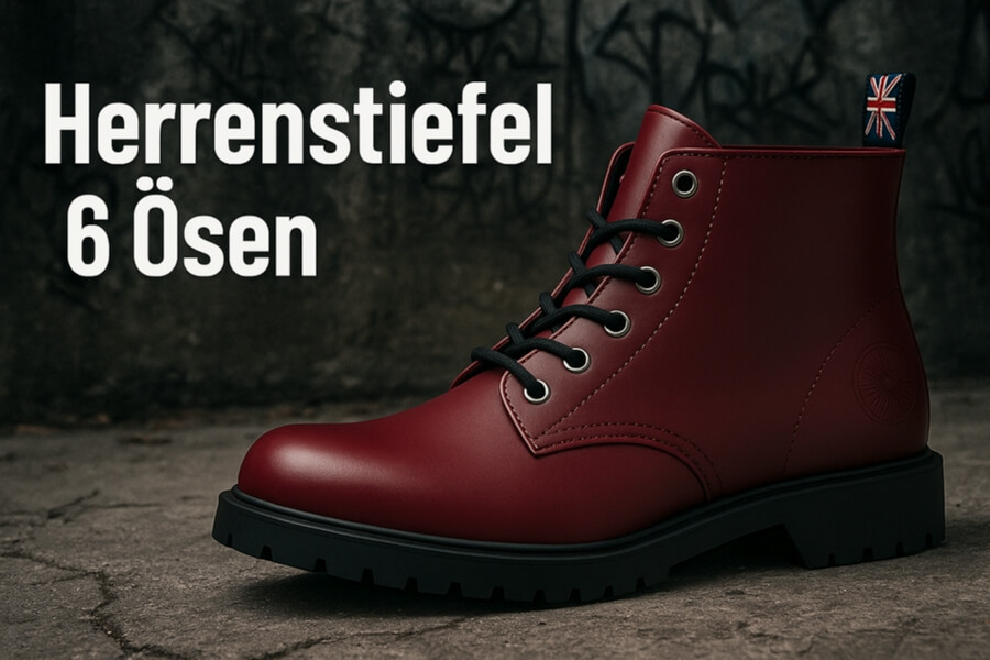 Robuster roter Lederstiefel mit schwarzem Absatz, Jeans-Ösen, Seitennaht, Klett-Logopatch und UK-Flaggen-Metallic-Anhänger; Text „Herrenstiefel 6 Ösen“ im Hintergrund.