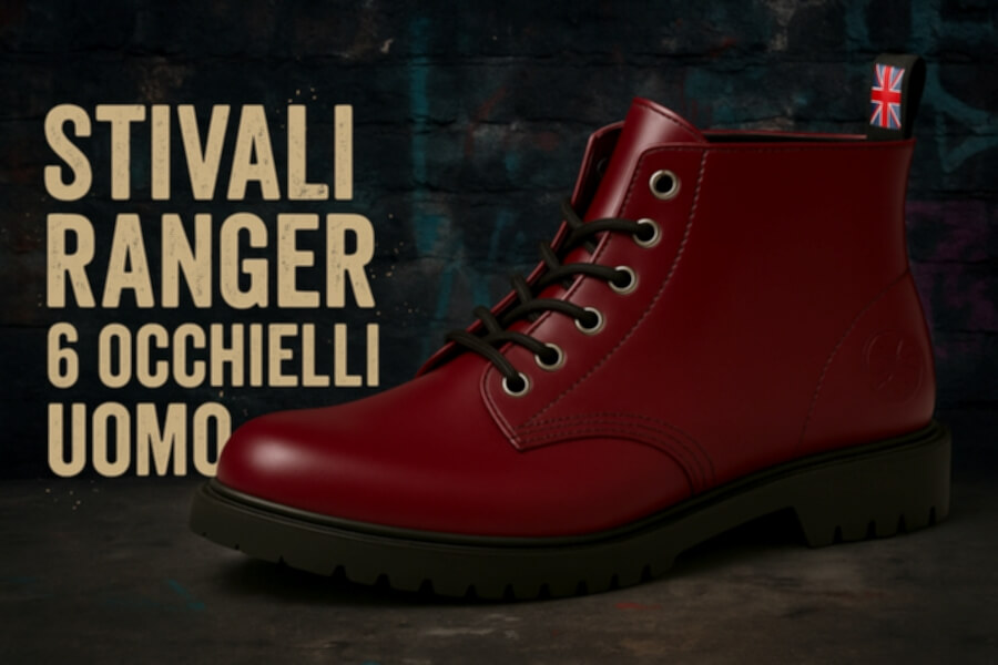 Stivale in pelle rosso rubino con lacci neri, su fondo scuro; banderuola UK sulla linguetta, testo “STIVALI RANGER 6 OCCHIPELLI UOMO” a sinistra.