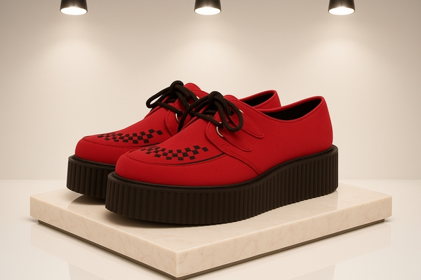 "Red nubuck creepers with a matte finish for a raw, alternative style"