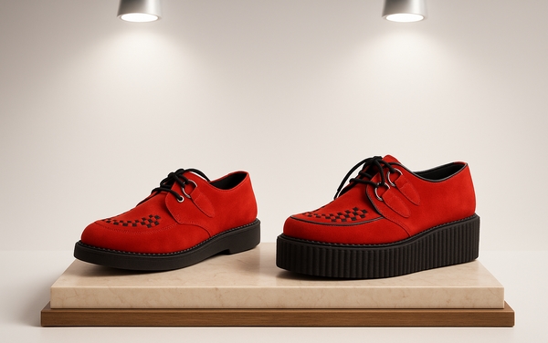 "Red creepers shoes with single and double sole available at Nevermind Shop"