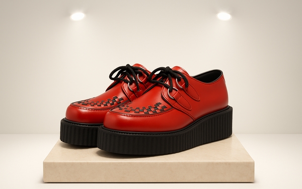 "Glossy red leather creepers in punk and gothic style"
