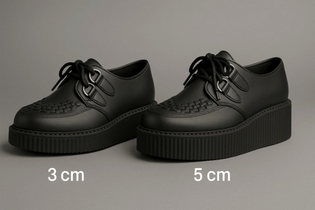 "Comparison of Nevermind Creepers: 3 cm simple sole vs. 5 cm UMD double sole"