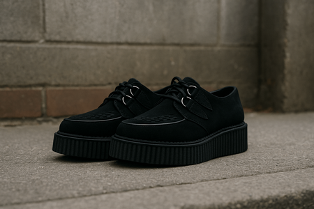 Black creepers shoes with thick sole on urban street background