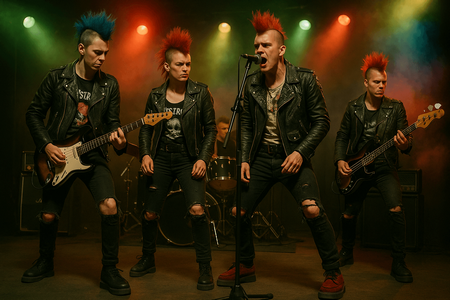 Punk concert in the 1970s with audience in rebellious outfits