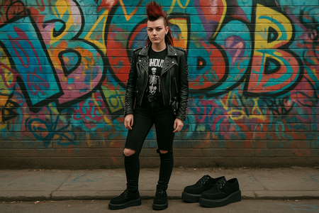 Young woman in punk outfit wearing creepers and leather jacket