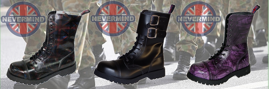Premium leather combat boots for alternative fashion; three styles in black, dark plaid, and purple with rugged soles.