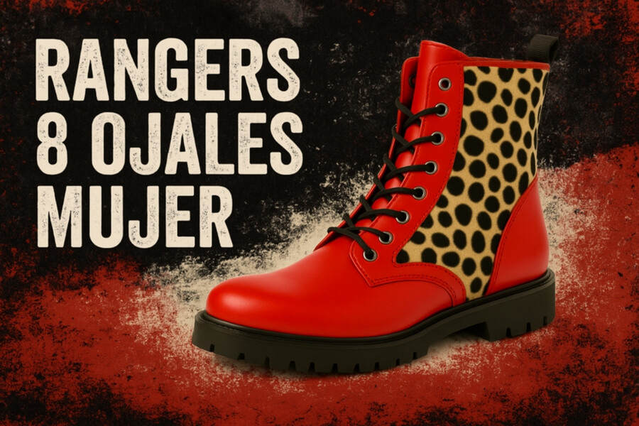 Botín rojo de cuero con suela gruesa y costura negra, lateral con estampado de leopardo y cordones negros.