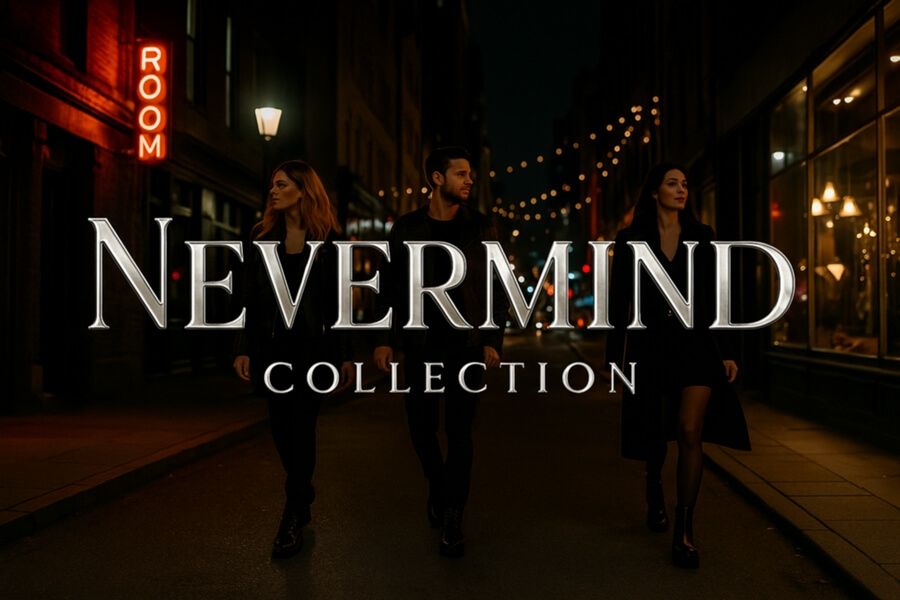 Nevermind Collection logo overlays a nighttime city street scene with three stylish people walking, showcasing gothic footwear.