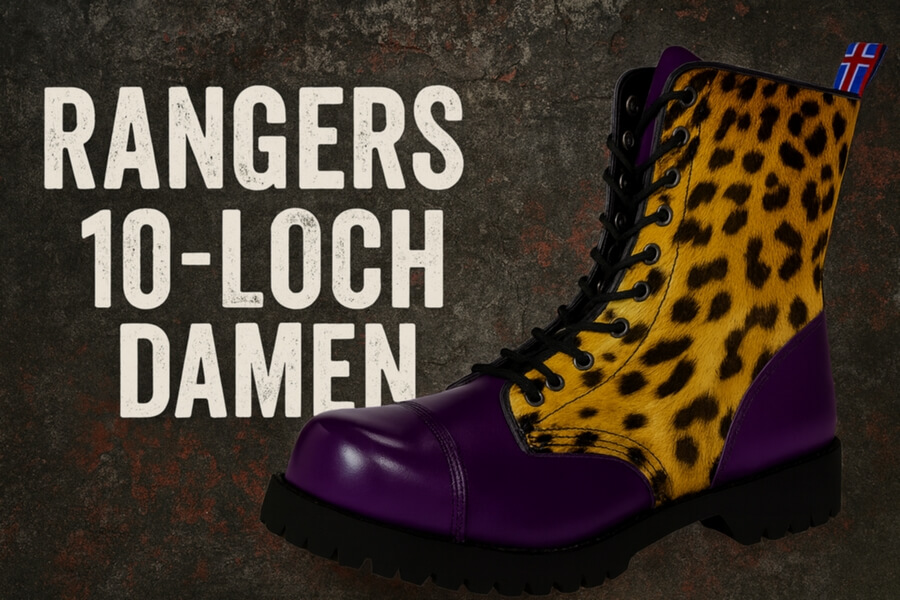 Stiefel im Gothic-Punk-Stil: Leopardenmuster-Seiten, lila glänzendes Leder, schwarzer Profilsohle, Schnürung, Text „RANGERS 10-LOCH DAMEN“ im Hintergrund