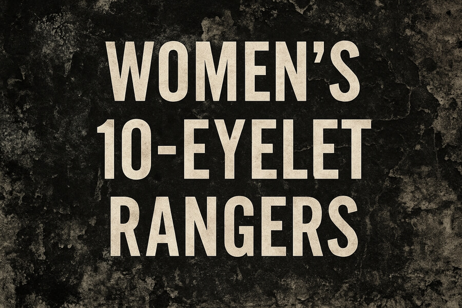 Sign reads: WOMEN'S 10-EYLET RANGERS on a dark, textured background.